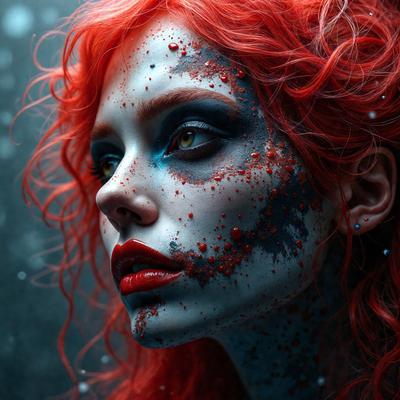 The primary subject of the image is a woman with red hair, wearing a makeup design that includes a mix of red and black colors. She is looking at the camera with a serious expression. The setting is a dark room, and the visual style appears to be a combination of a photo and digital art. The colors and mood of the image are dramatic and intense, with the red and black makeup creating a striking contrast against the woman's red hair.